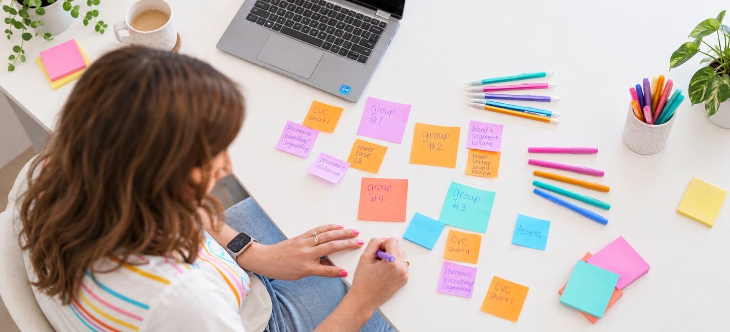 A person arranging colorful sticky notes beside a laptop