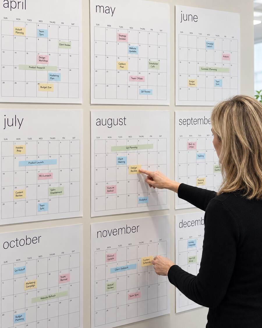 A team member planning the month on a wall calendar