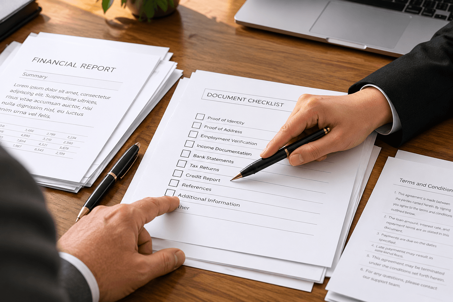 Hands reviewing a document checklist and financial report