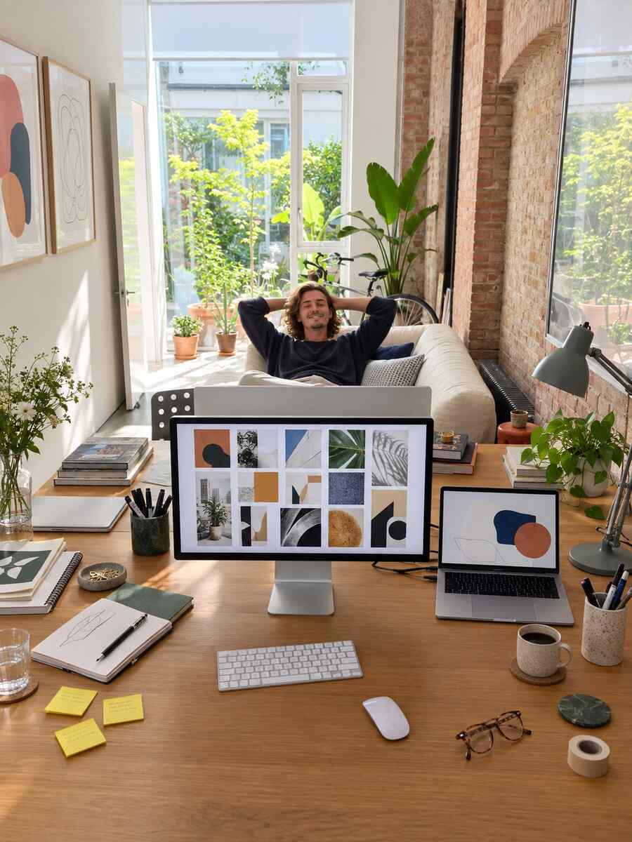 A creative workspace with a laptop and a team video call