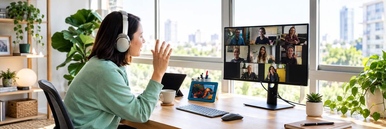 A remote team member joining a video meeting from a bright home workspace