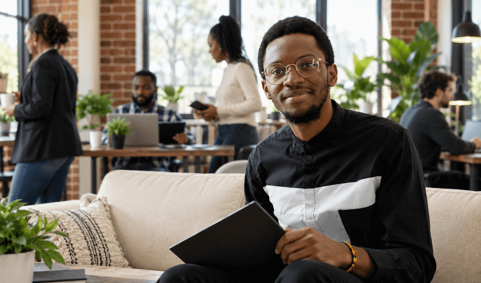 Operations lead at a design studio holding a laptop, with colleagues working in the background